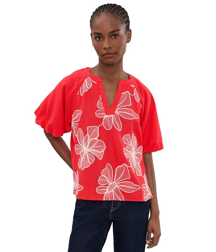 Vince Camuto Contrast Split Neck Band Bubble Sleeve