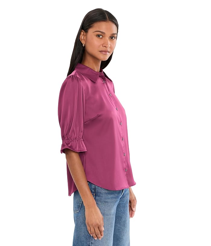 CeCe Balloon Short Sleeve Smocked Button-Down Shirt - Image 3