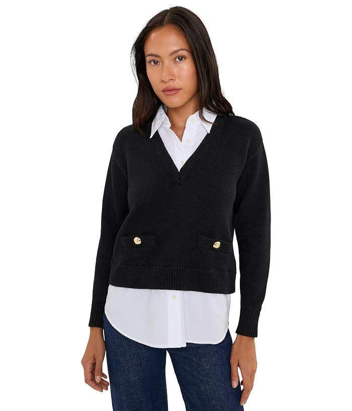 Lauren Ralph Lauren Petite Layered Button-Trim Cotton Sweater