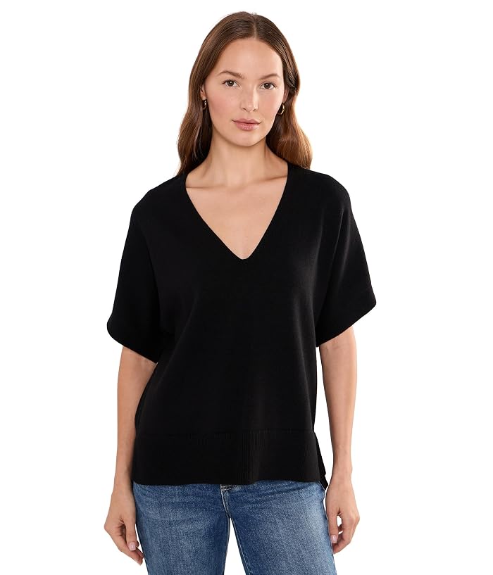 Liverpool Los Angeles Short Sleeve V-Neck Dolman Popover Sweater with Step Hem
