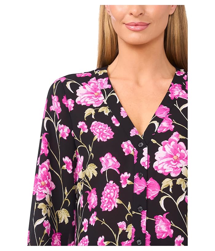 CeCe Floral Printed Button Front Long Sleeve Top - Image 3