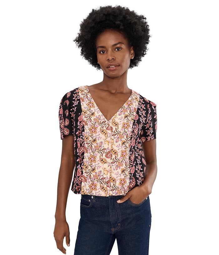 CeCe Cropped Linen V-Neck Button-Down Top