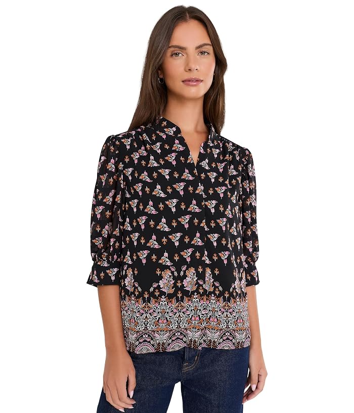 CeCe Open Collar Short Sleeve Top with Hidden Placket