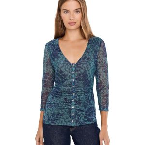 Johnny Was Ruched Button Front Mesh Tee