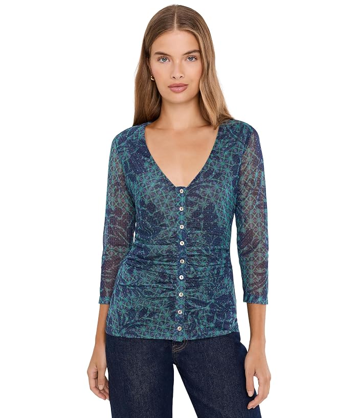 Johnny Was Ruched Button Front Mesh Tee