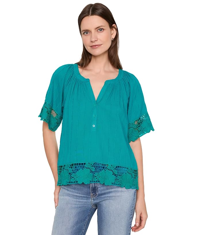 Liverpool Los Angeles Short Sleeve Woven Top with Lace