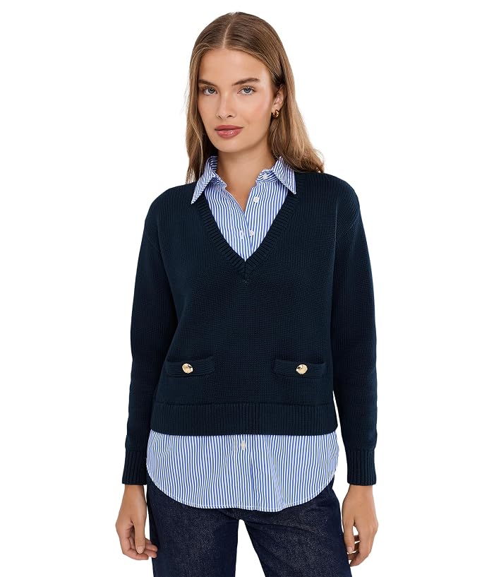 Lauren Ralph Lauren Petite Layered Button-Trim Cotton Sweater