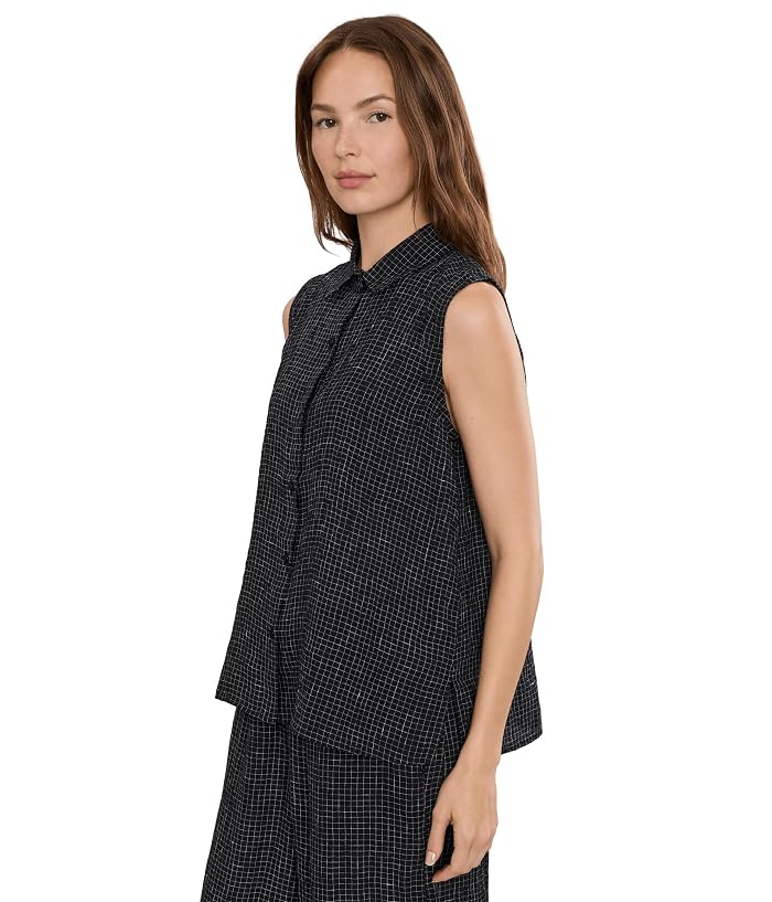 Eileen Fisher Puckered Organic Linen Grid Classic Collar Shirt - Image 3