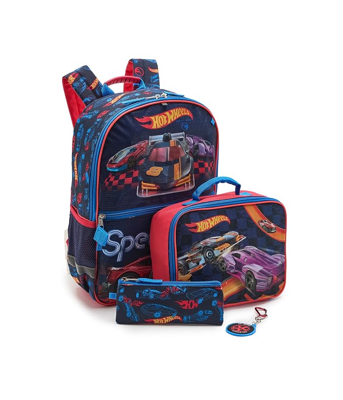 BIOWORLD Kids Led Lights Hot Wheels Five-Piece Backpack Set with Lunch Kit, Spinner Keychain, Carabiner, and A Utility Case