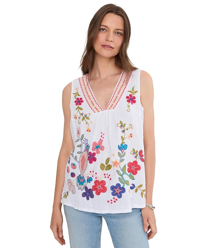 Johnny Was V-neck Shirred Linen Tank - Estrella