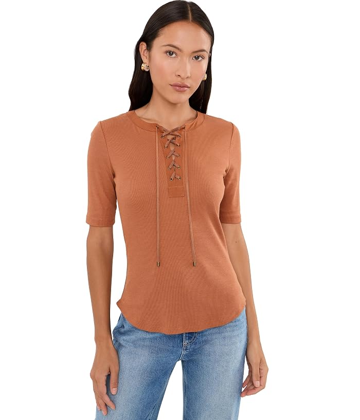 Lauren Ralph Lauren Petite Lace-Up Ribbed Elbow-Sleeve Tee