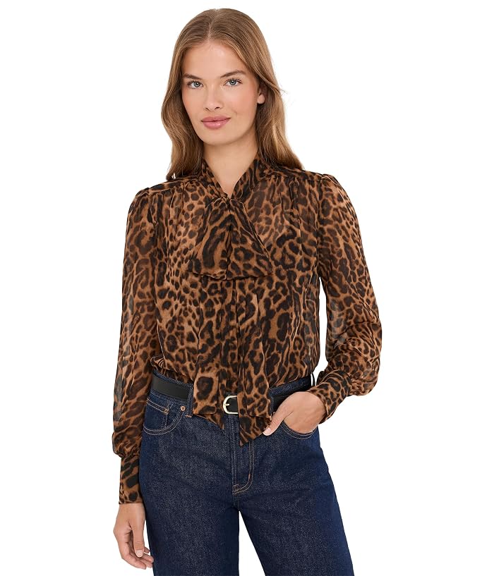 Lauren Ralph Lauren Petite Ocelot-Print Chiffon Tie Neck Blouse