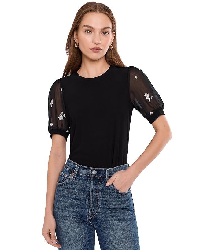 CeCe Puff Mixed Media Short Sleeve Knit Top
