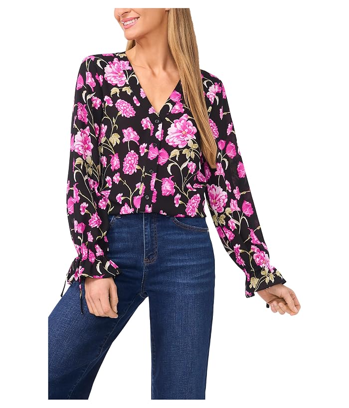 CeCe Floral Printed Button Front Long Sleeve Top