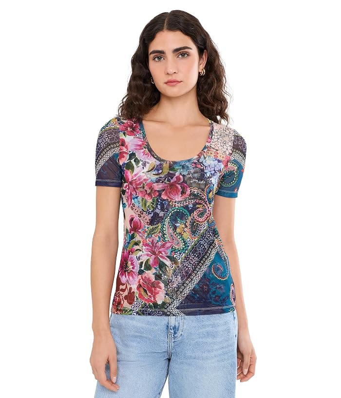 Johnny Was Short Sleeve Scoop Neck Mesh Tee