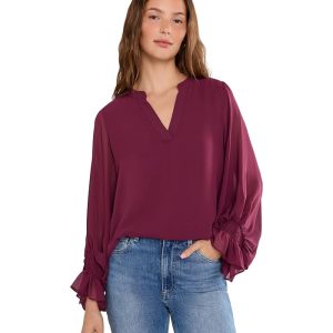Vince Camuto Split Neck Long Sleeve Blouse with Smocked Cuff