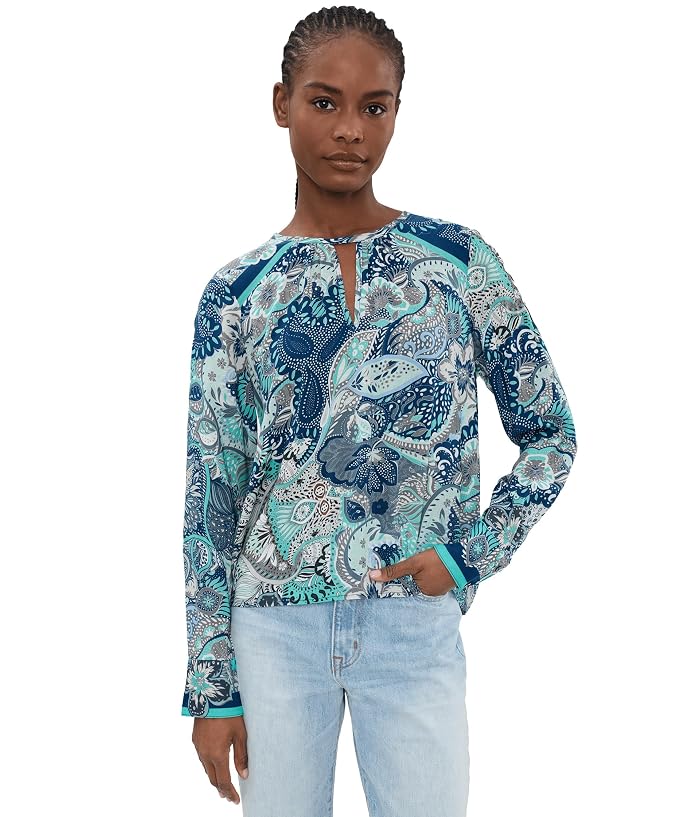 Liverpool Los Angeles Petite Long Sleeve Woven Top w/ Keyhole Neckline