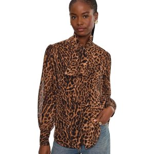 Lauren Ralph Lauren Ocelot-Print Chiffon Tie Neck Blouse