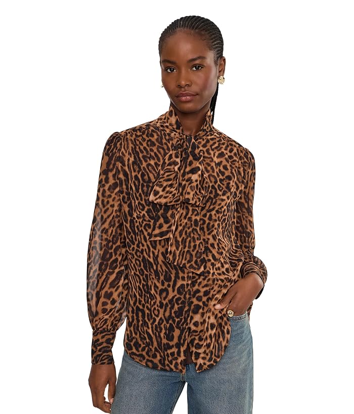 Lauren Ralph Lauren Ocelot-Print Chiffon Tie Neck Blouse