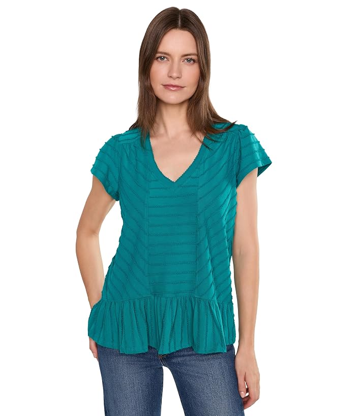 Liverpool Los Angeles Short Sleeve V-Neck Knit Top with Miter Detail