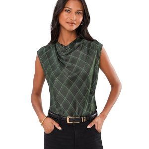 Vince Diamond Plaid On Draped Cowl Neck