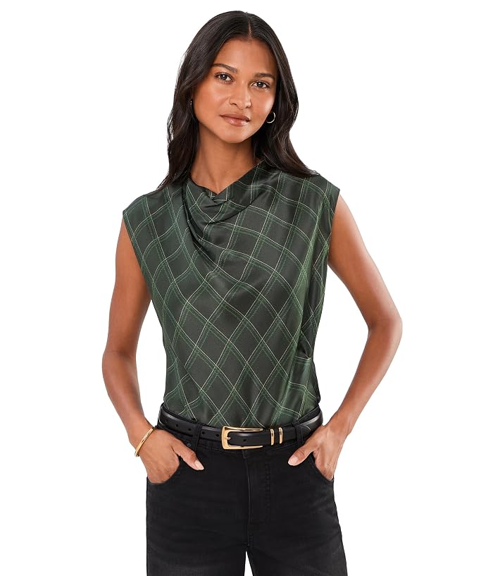 Vince Diamond Plaid On Draped Cowl Neck