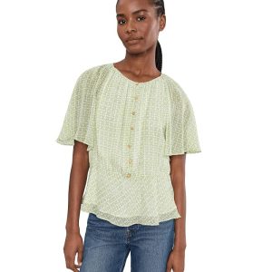 Vince Camuto V-neck Double Ruffle Button Down Top W/ Peplum And Raglan Flutter Sleeve Button Down Top W. Peplum