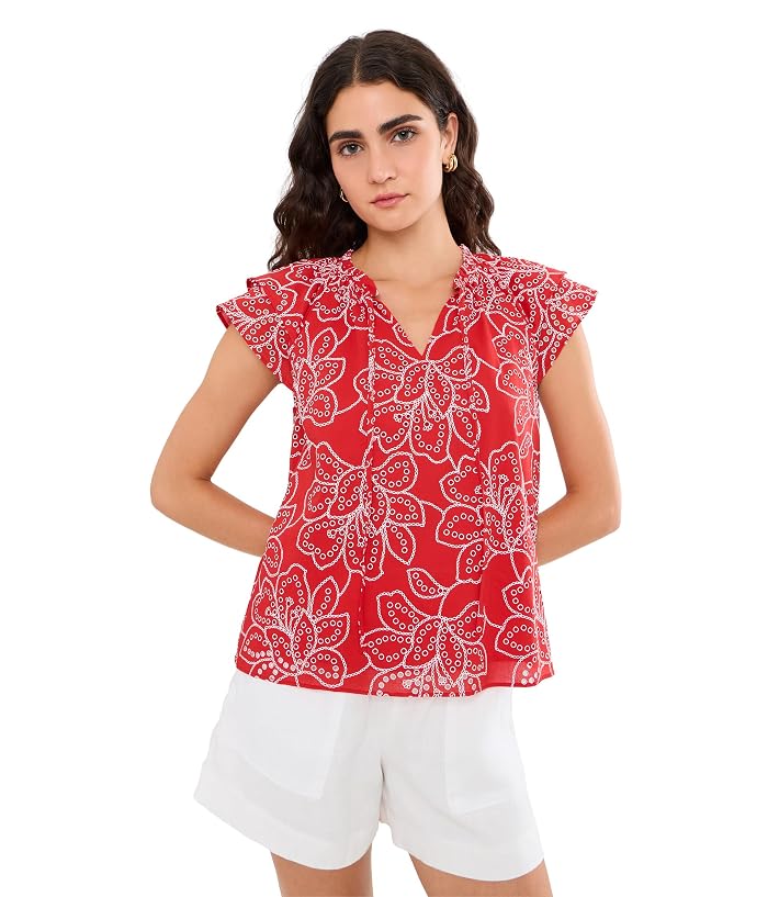 CeCe Flutter Sleeve Puff Embrodiery Tie Neck Top