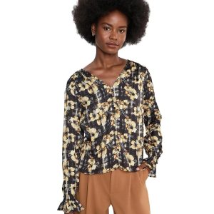 Liverpool Los Angeles Button Front Woven Top w/ Smocking