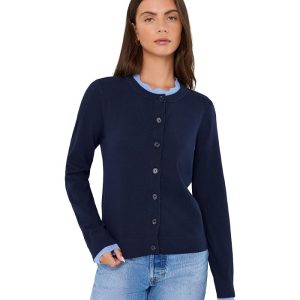 CeCe Long Sleeve Crew Neck Cardigan with Lace Trim