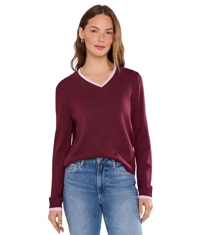 CeCe Layered Scallop Trim Long Sleeve V-Neck