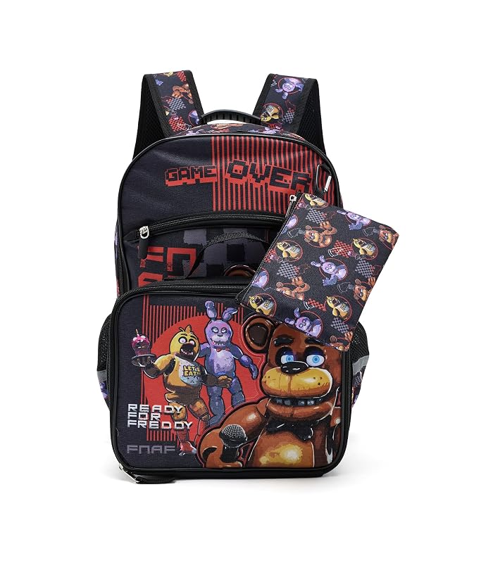 BIOWORLD Kids Five Nights Game Screen Five Piece Set Includes Backpack, Lunch Kit, Utility Case, Rubber Keychain And Carabiner