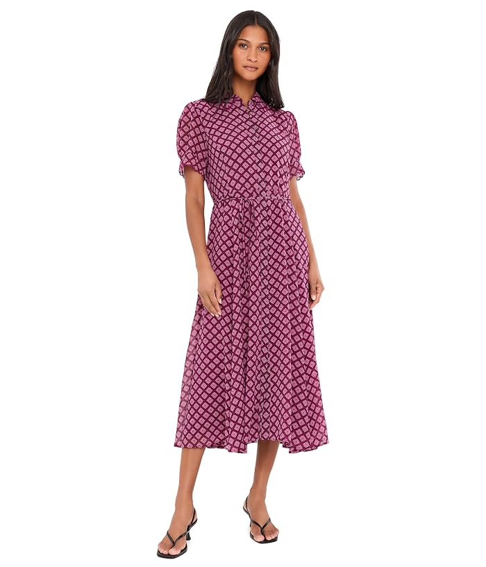 CeCe Short Sleeve Scallop Midi Dress with Tie