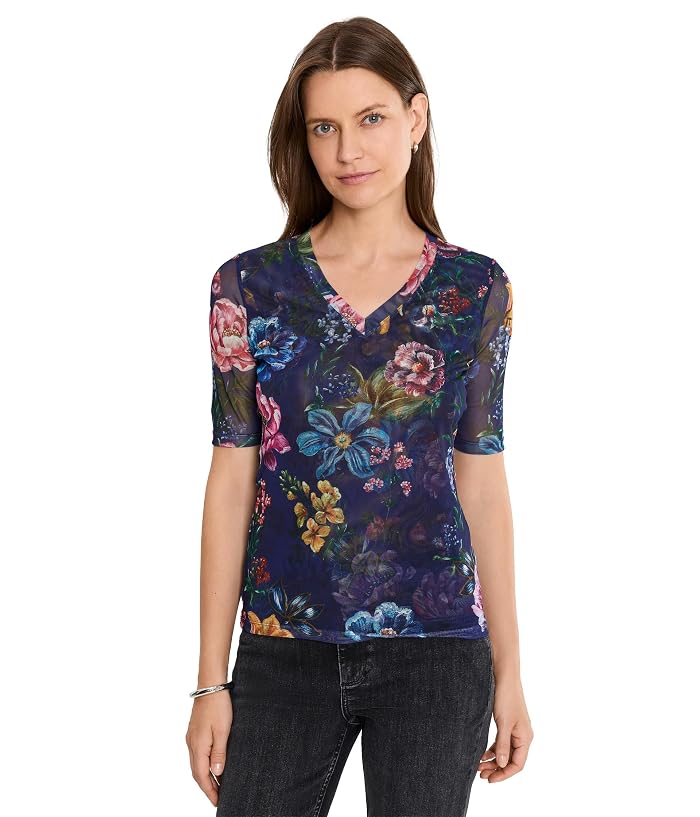 Johnny Was V-Neck Elbow Sleeve Mesh Top