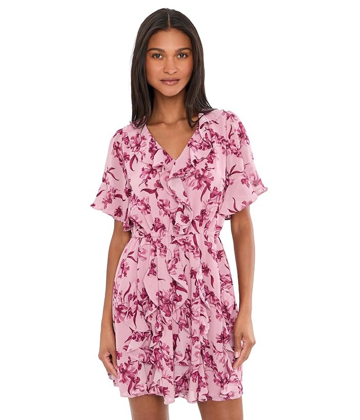 CeCe Waterfall Ruffle Short Sleeve Mini Dress