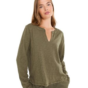 Mod-o-doc Long Sleeve Mandarin Split Neck Top