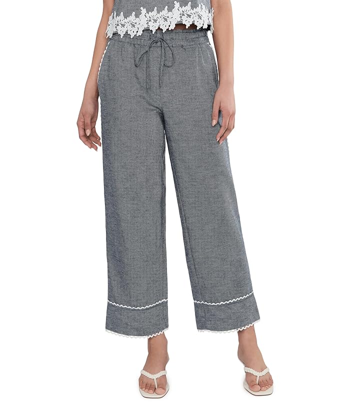 CeCe Linen Denim Elastic Waist Scallop Trim Pants
