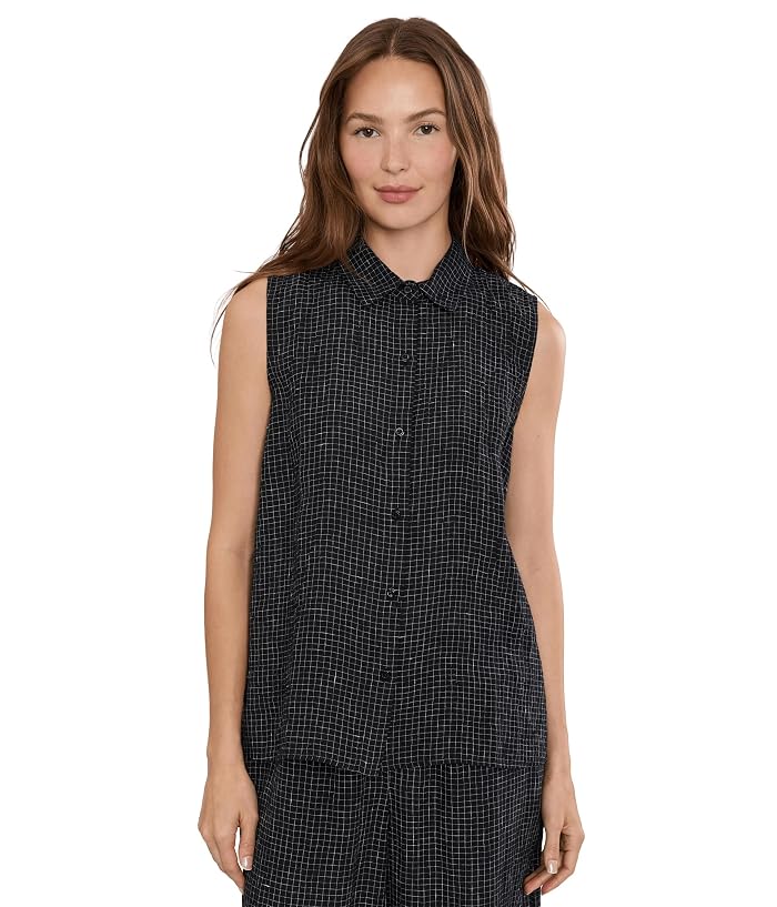 Eileen Fisher Puckered Organic Linen Grid Classic Collar Shirt