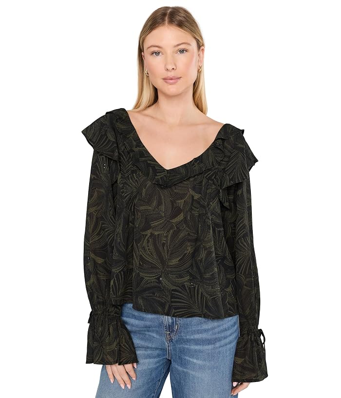Liverpool Los Angeles Long Sleeve Double Ruffle V-Neck Woven Blouse