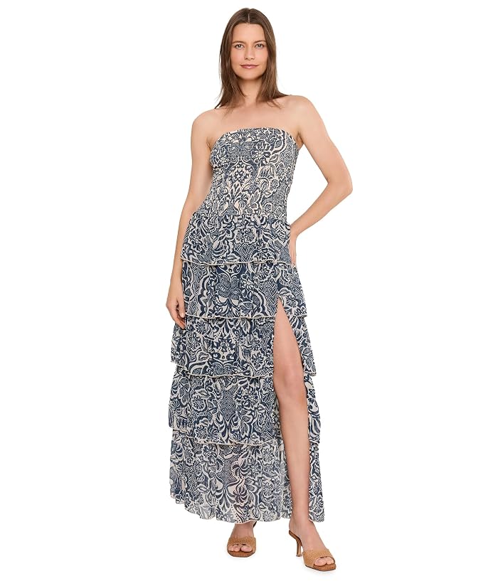 Avec Les Filles Batik Print Strapless Tiered Maxi Dress