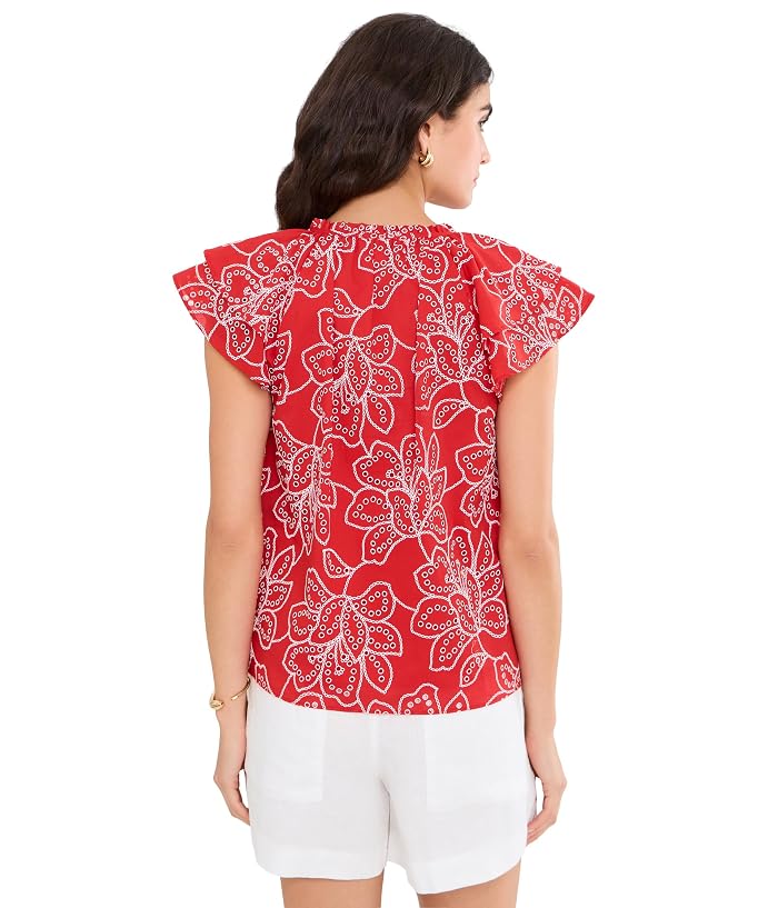 CeCe Flutter Sleeve Puff Embrodiery Tie Neck Top - Image 4