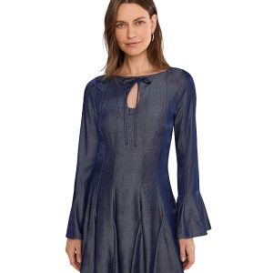 Avec Les Filles Long Sleeve Tie Neck Mini Dress