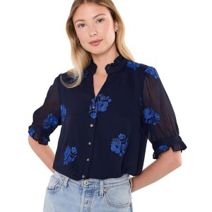 CeCe Ruffle V-Neck Elbow Sleeve Button-Down