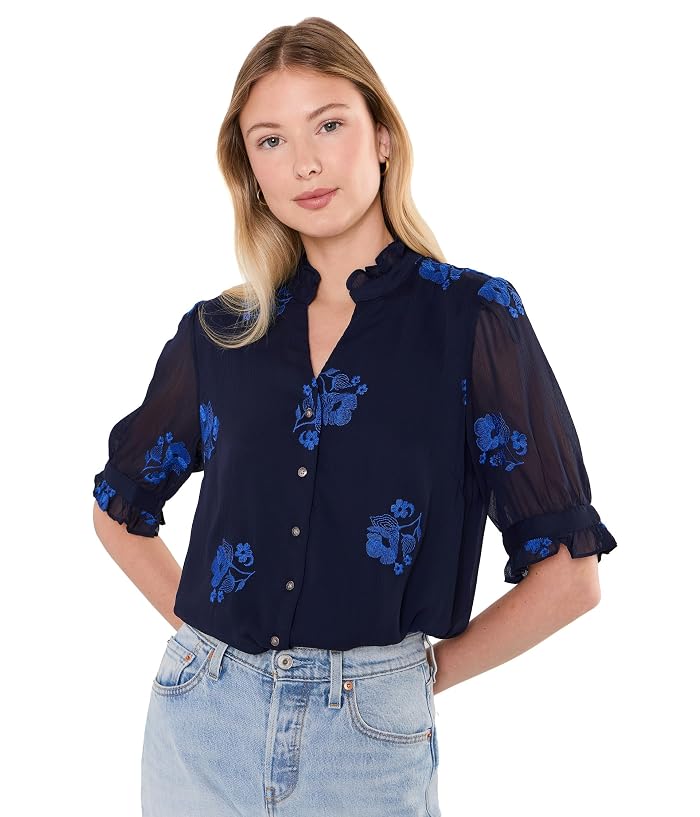 CeCe Ruffle V-Neck Elbow Sleeve Button-Down