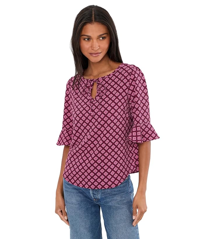 CeCe Split Tie Neck Top with Ruffle Cuff 3/4 Sleeve