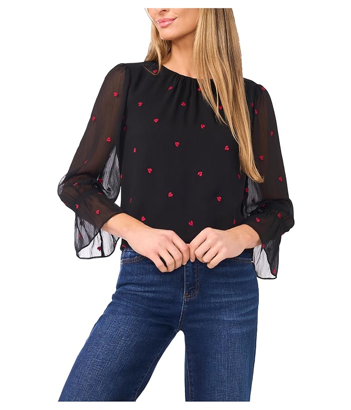 CeCe 3/4 Sleeve Shirred Neck Embroidery Hearts Top