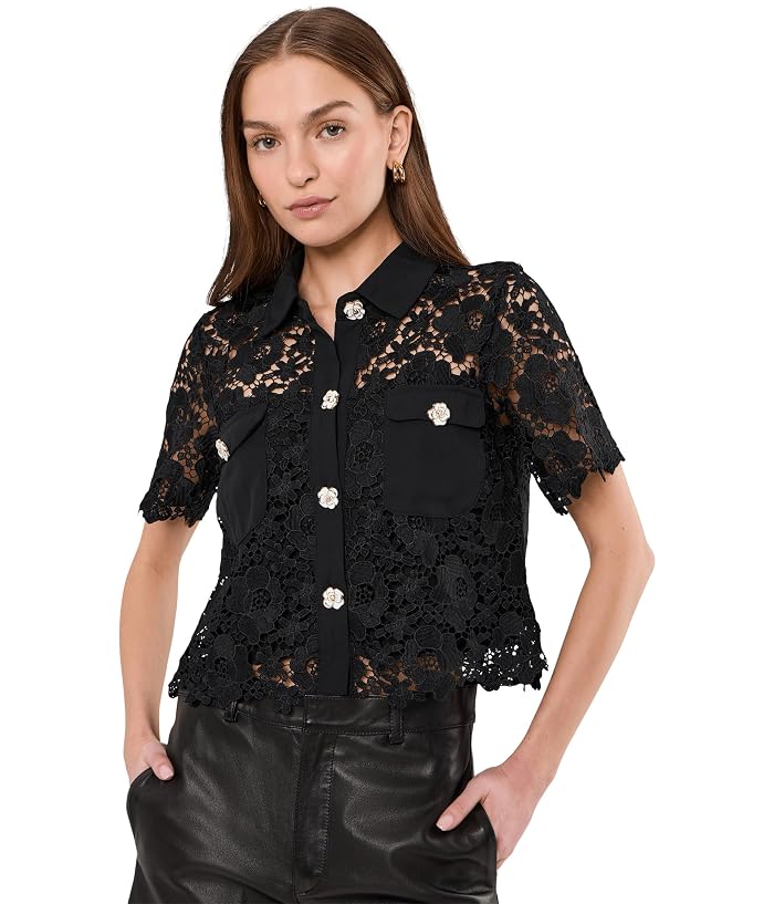 CeCe Patch Pocket Short Sleeve Lace Button Down