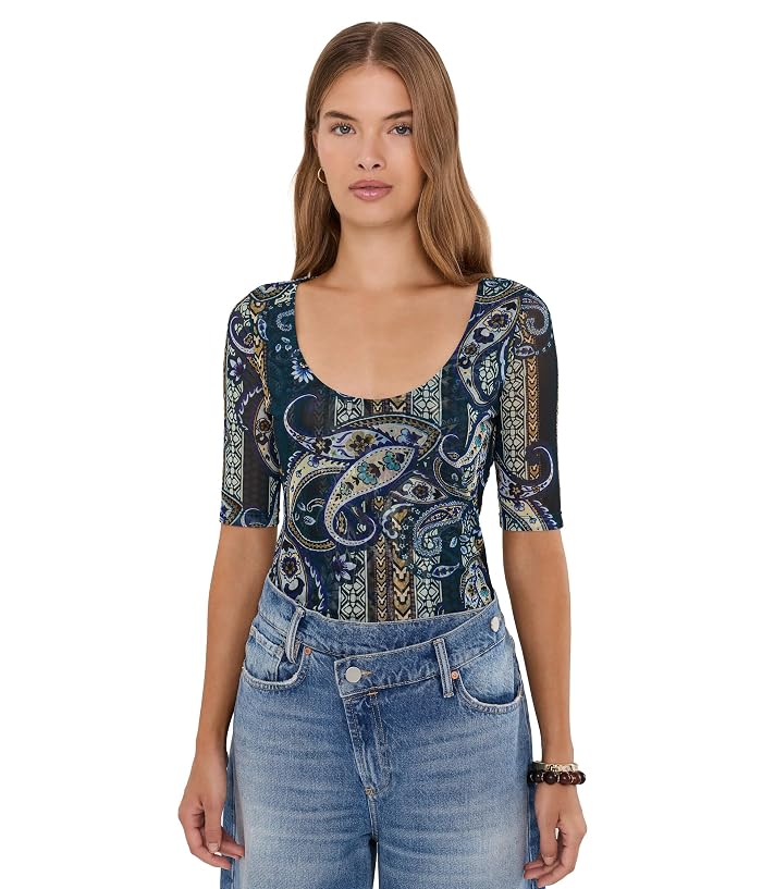 Johnny Was Elbow Sleeve Scoop Neck Mesh Tee
