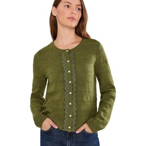 CeCe Long Sleeve Pointelle Cardigan with Lace Placket