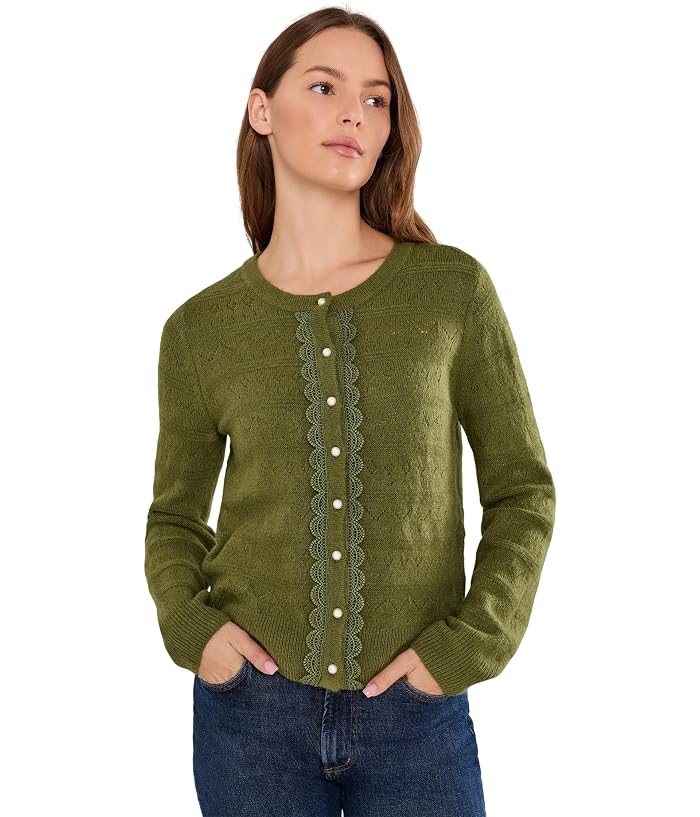 CeCe Long Sleeve Pointelle Cardigan with Lace Placket